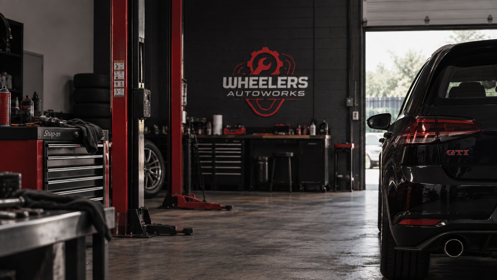 Wheelers Autoworks workshop with a car ready for work